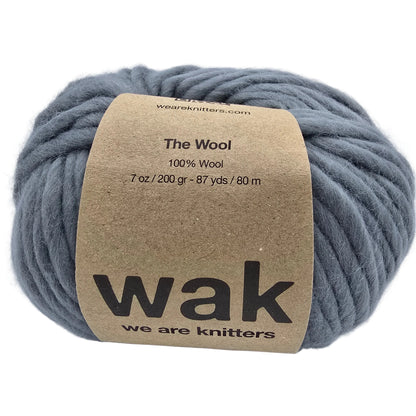A ball of gray wool We are knitter the Wool yarn in the color Lead with label on a white background.
