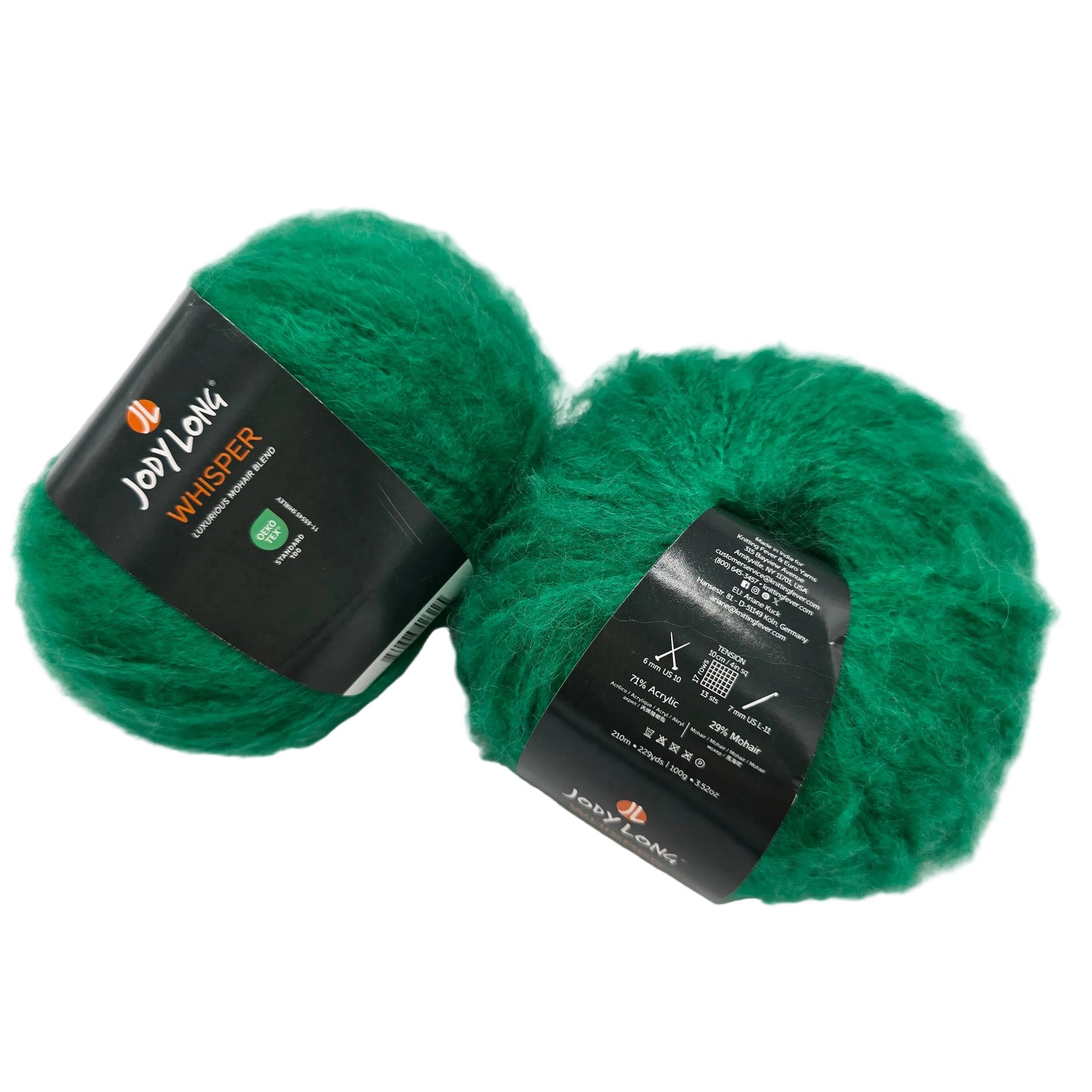 Image of two balls of Whisper by Jody Long in Gem Color 008 with labels on a white background.