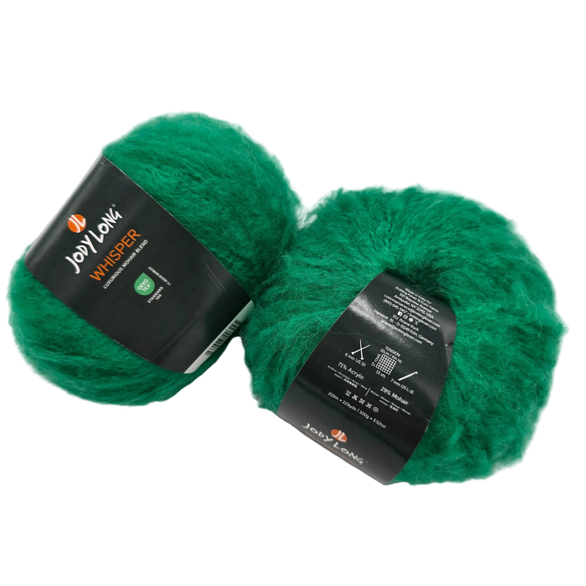 Image of two balls of Whisper by Jody Long in Gem Color 008 with labels on a white background.