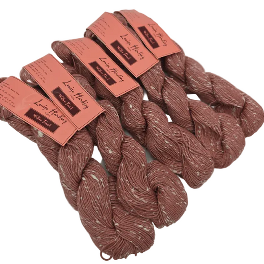 Image of 5 hanks of Willow Tweed by Louisa in Color 16 Flower with labels on a white background.