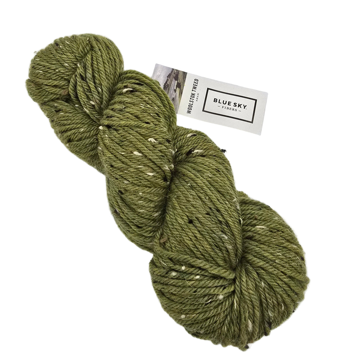 A skein of olive green Woolstok_Tweed_Yarn_by_Blue_Sky_Fibers_in color 3307_Fern_Frond  a variegated green yarn with white and black flecks, featuring a paper label on a white background.