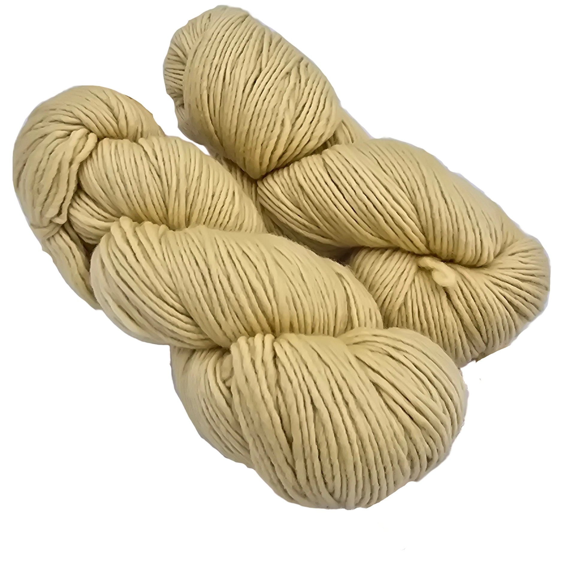 Image of two skeins of Worsted  Yarn by Malabrigo in color 504 Rattan on white background.
