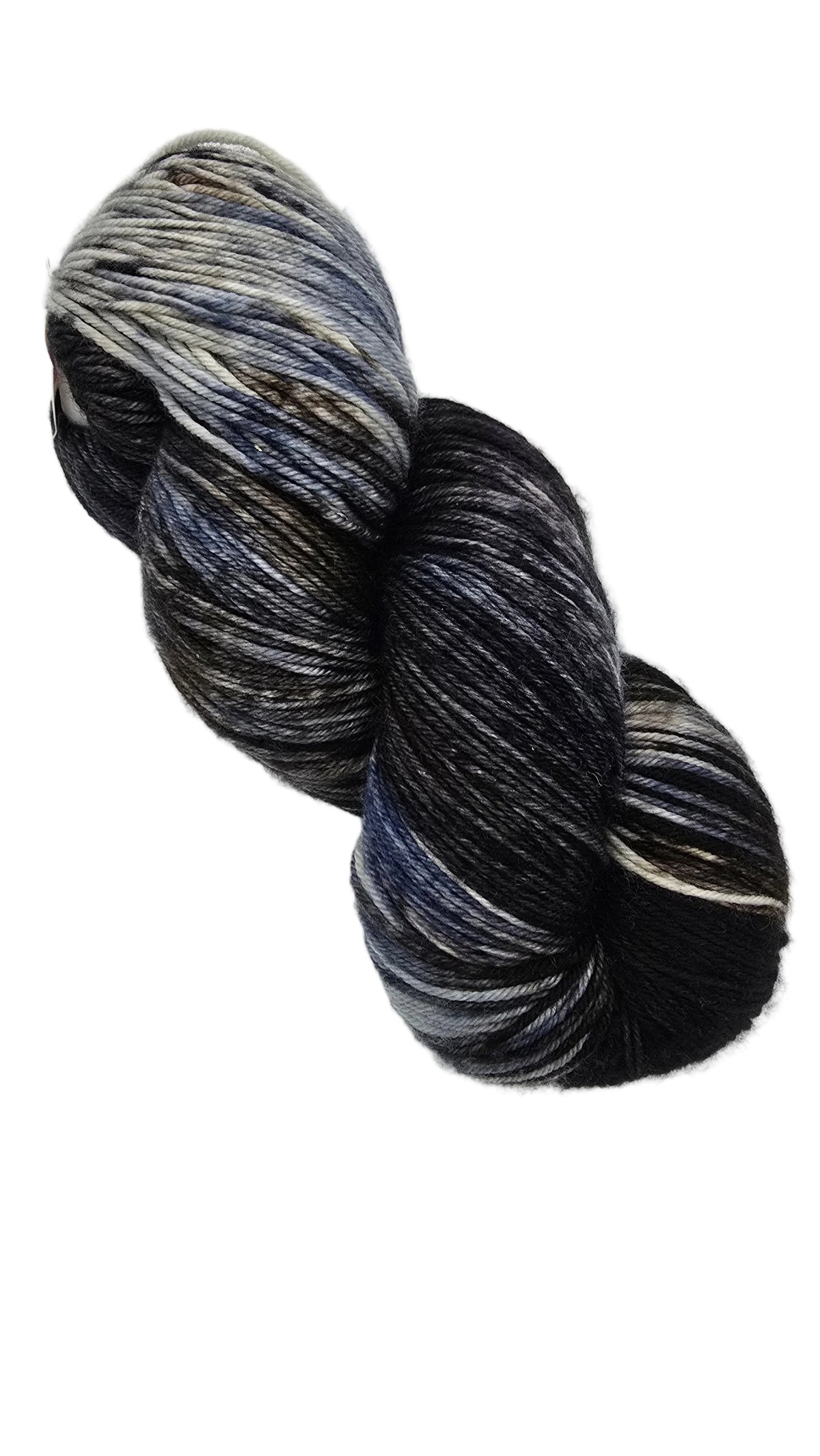 A single skein of Yowza_Yarn by_Ms._Babs_in the color_Suit_and_Tie a variegated yarn with blended black, navy, gray, and white tones, photographed on a plain white background.