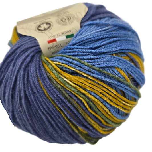 Close-up image of Bio Bimbo by Sesia -yarn the Color 3893 Ocean Deep with label on a white background.