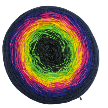 Close-up Image of a single Cake of Hobbii Black Friday Cotton Cake yarn in Color 08 Easy Starr with label on a white background.
