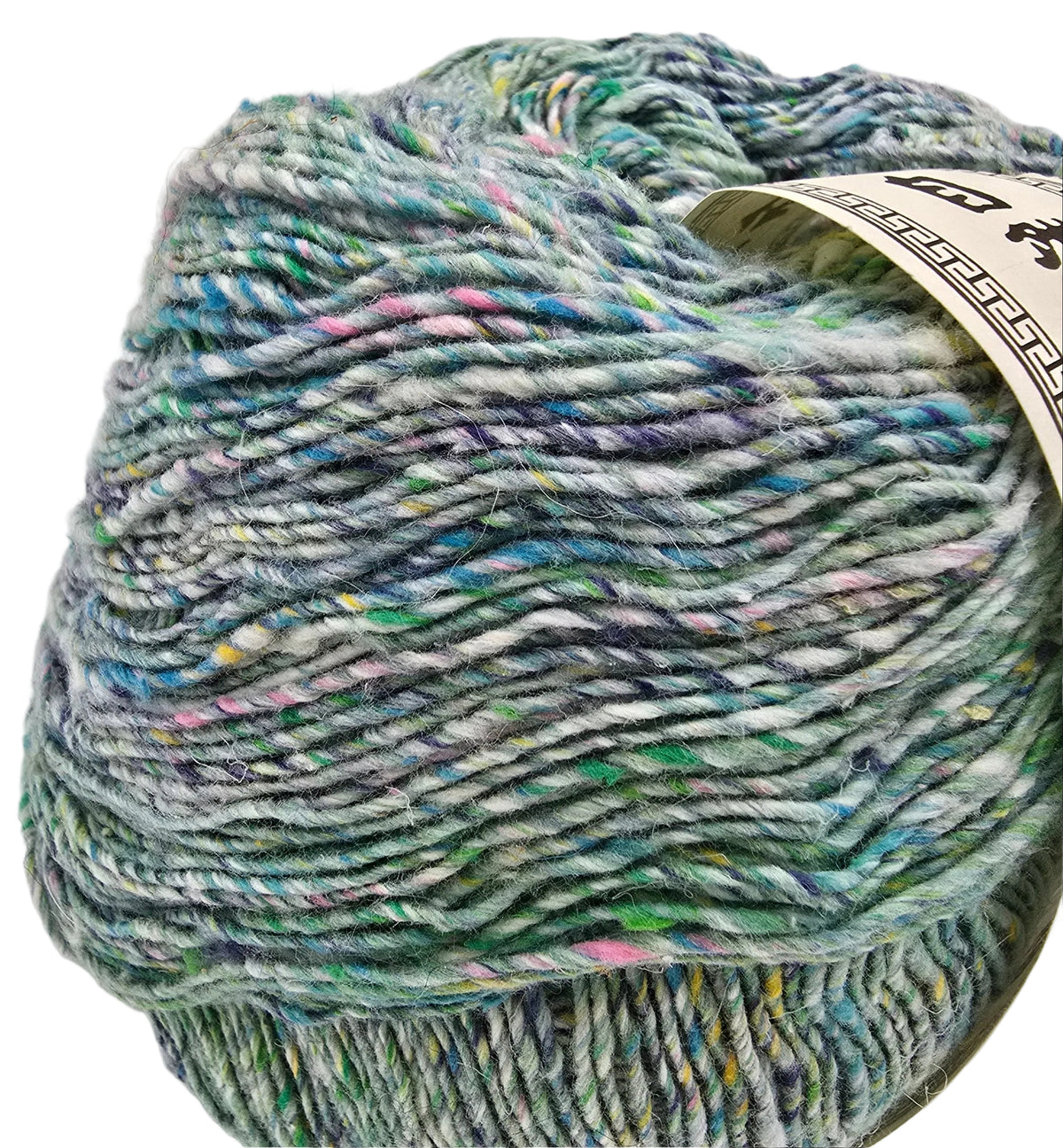 A close-up of a variegated yarn ball with a cream paper label, showing a blend of mint green, blue, purple, and white fibers, on a white background.