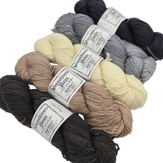 Image of 5 different complimentary colors of Mad Hatter by Wonderland Merino Sport Yarns with labels on a white background.